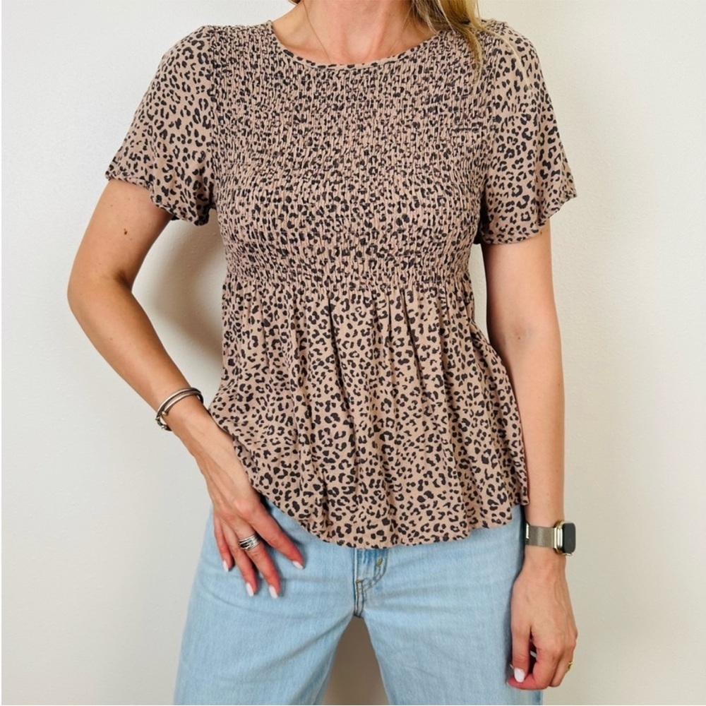 URBAN ROMANTICS Black and Brown Ruched Animal Print Top Size L